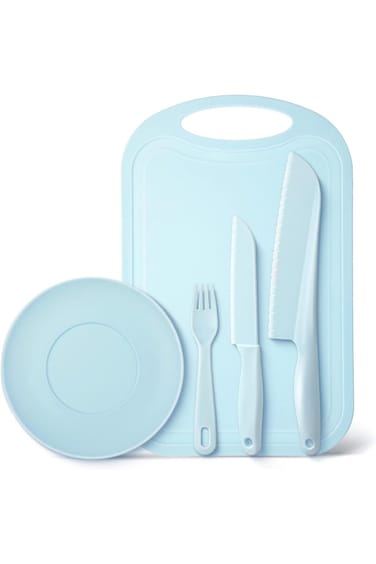 ABIN Kid-Safe Cake Knife Set for Real Cooking With Cutting Board, Plastic Knives, Plate &amp; Fork, BPA