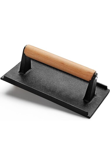 مكبس برجر تراسل، مستطيل الشكل 11×21 سم، مصنوع من الحديد الزهر عالي التحمل، لسحق لحم الخنزير المقدد، وشرائح اللحم مع الخشب