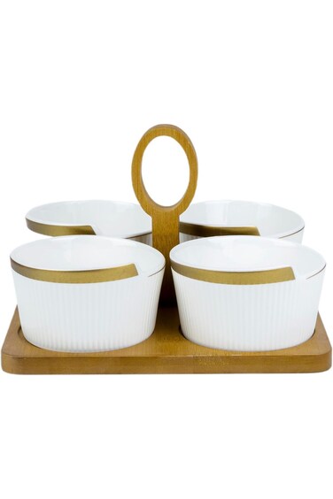 Bone China Shallow Porcelain New Verde 4-Compartment Serving Set with Bamboo Tray - Elegant Culinar