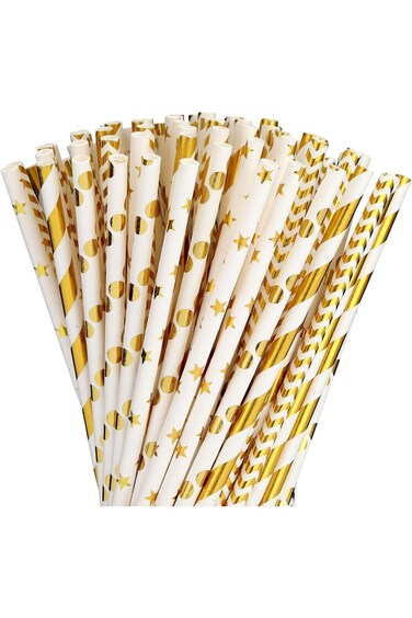 Paper straws for drinking, Biodegradable Gold Paper Straws Bulk, Pack of 100 Metallic Foil Striped/