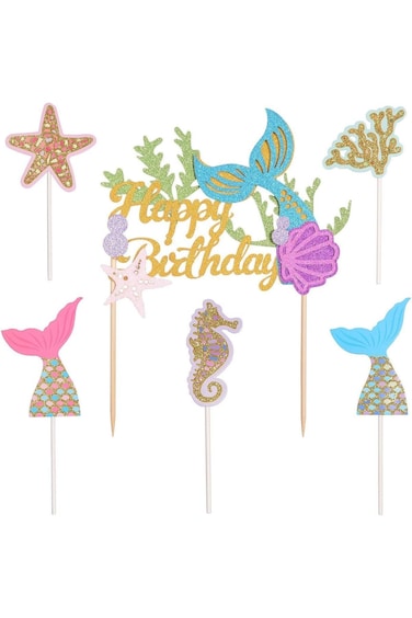 Maxi Offermax 1 Pack Glitter Mermaid Happy Birthday Cake Topper and 5 Pieces Gold Glitter Cake Deco