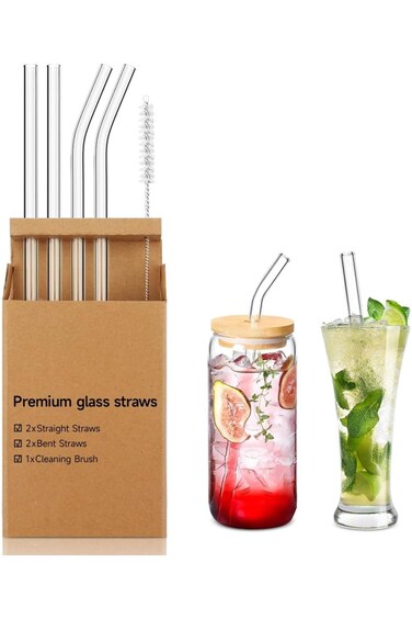 T Tersely Reusable Glass Straws, Set of Reusable Drinking Straw Including Straight and Bent Straws