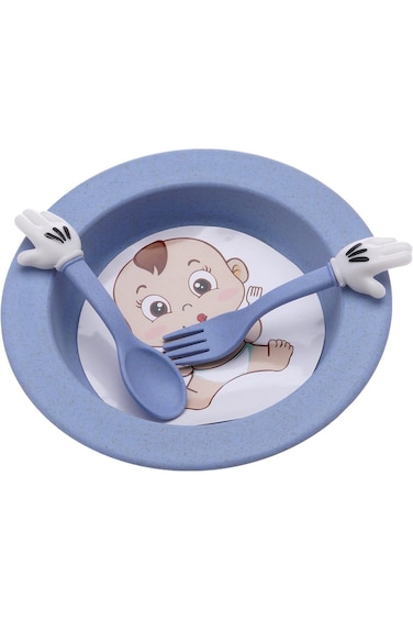 Shallow Kids Wheat Straw Tableware Set- Plate Spoon Fork-Blue