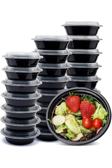 [5 Pack] Compartment Round Black Base with Lids Food Storage Container(32 oz) R0 32   Disposable Fo