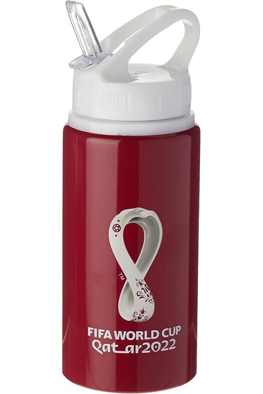 زجاجات ألومنيوم للأطفال بغطاء ماصة مطبوع عليها شعار كأس العالم قطر 2022، سعة 500 مل - لون كستنائي