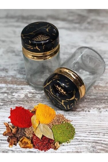 وعاء توابل زجاجي فاخر مع غطاء بلاستيكي، 150 مل، أسود وذهبي