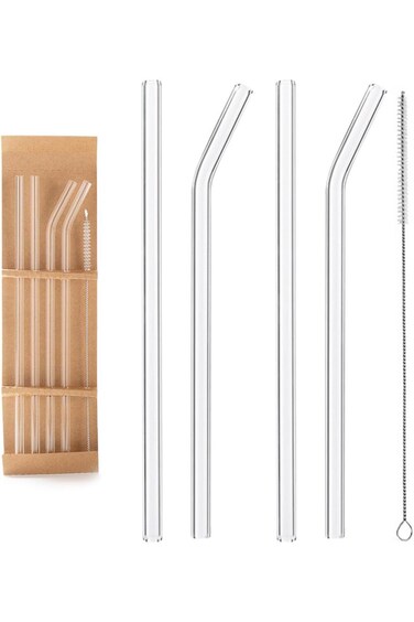 ECVV Glass Transparent Straw Set 5 Pieces - 4 x Straws, 1 x Brush, Healthy and Eco-friendly, Suitab