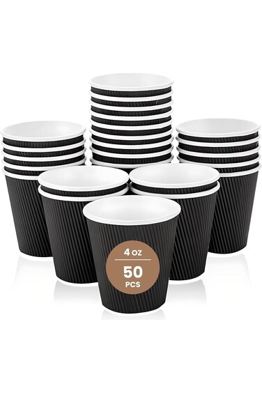 LINA STAR 4oz Black Ripple Paper Cups (50 Pack)   Triple-Layer Insulated Disposable Espresso Cups