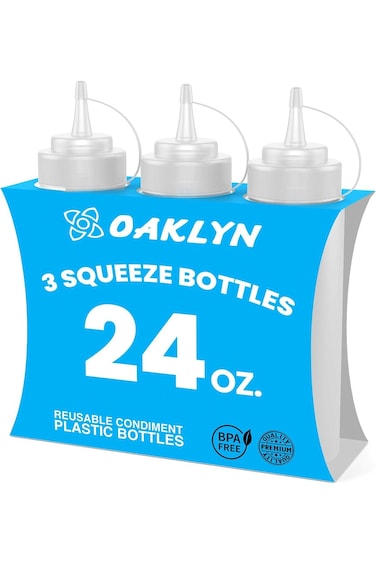 أوكلين عبوة من 3 زجاجات بلاستيكية سعة 24 أونصة مزودة بغطاء قابل للضغط للكاتشب والخردل - خالية من مادة BPA وقابلة لإعادة الاستخدام