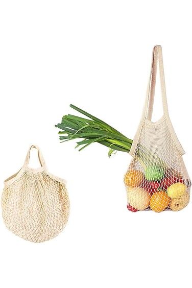 حقيبة تسوق Beauenty القابلة لإعادة الاستخدام، مكونة من قطعتين، وحقيبة شبكية لحمل الخضراوات والفواكه بمقبض طويل/قصير