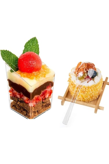 NALACAL 30 x 3 oz Mini Dessert Cups with Spoons, Square Slanted - Clear Plastic Parfait Appetizer C