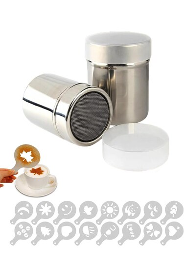 مجموعة قوالب قهوة مع شاكر مسحوق، 16 تصميمًا زخرفيًا، منفضة شوكولاتة من الفولاذ المقاوم للصدأ