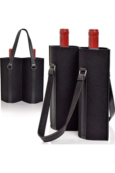 SYOSI Reusable Wine Tote Bags, 2 Pack Double Bottle Carrier with Leather Handles, Thick Felt Wine G
