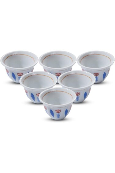 Al Sanidi Ceramic Rose Arabic Coffee Cup, Arabic Coffee Cup, White x Blue, Set of 6