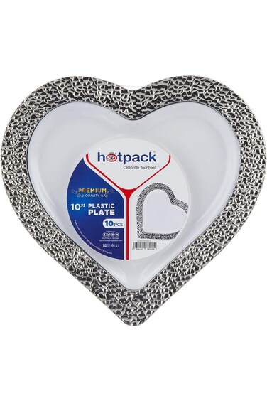 Hotpack Premium White/Silver Heart Shaped Plastic Plates 11 Inch, 10 Pieces
