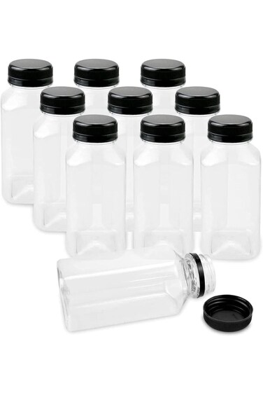 FUFU 12pcs 8oz Plastic Juice Bottles with Caps, Empty Clear Plastic Bottles Bulk with Black Tamper