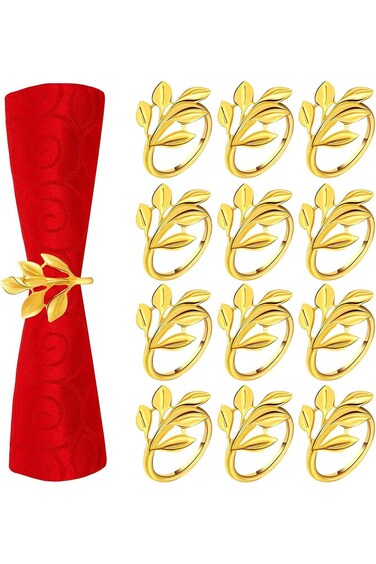 Wisfunlly 12Pcs Gold Leaf Napkin Rings Set, Metal Napkin Holders for Cloth Napkins Autumn Napkin Ri
