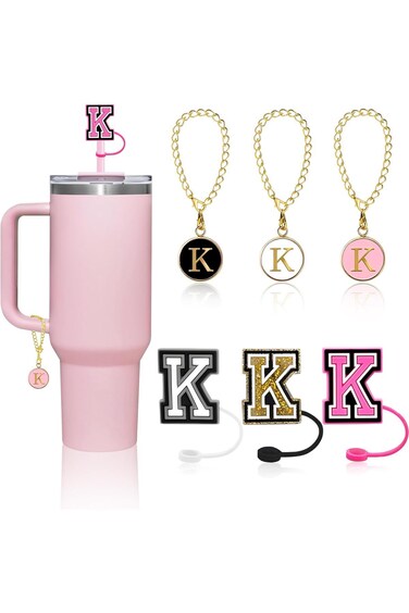 إكسسوارات ستانلي من لوهكا، 6 قطع، حرف K، 3 قطع، قلادة بمقبض شخصي مع اسم أولي ومعرف + 3 قطع حرف S