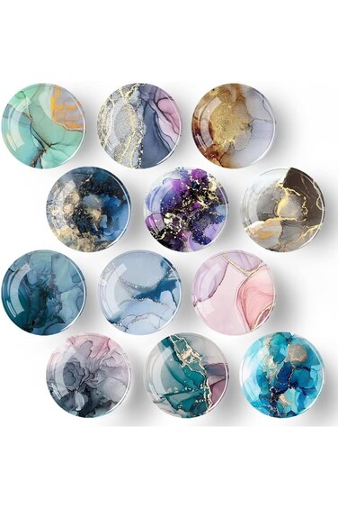Tazweeq 12Pcs Glass Fridge Magnets, Marble Texture, Crystal Refrigerator Glass Magnets Strong Locke