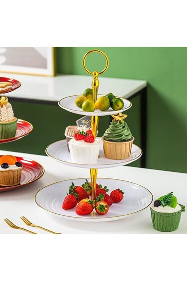 YIRANLDD 3 Tier Cupcake Stand, Plastic Tower Tray with Vintage Rose Embossed Gold Leaf Edge, Cake P