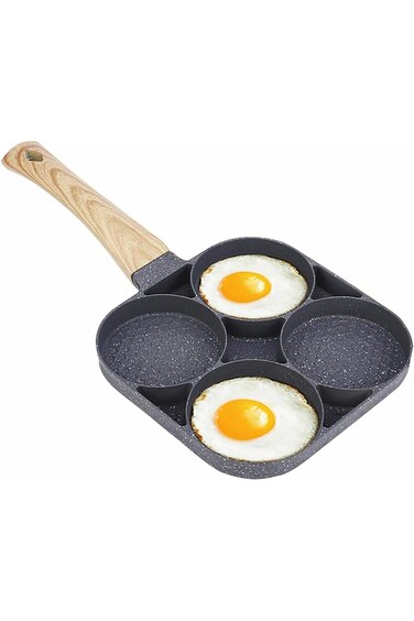 GREBIRD 4 Hole Omelet Pan, Non-Stick Egg Frying Pan, Egg Pan for Breakfast, Egg Burgers, Wooden Han