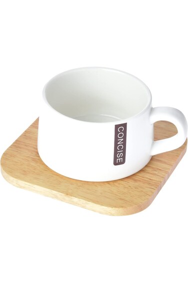 Home Concept 3 Pcs Ceramic Matte Finish Cup &amp; Saucer Set With Wooden Plate, white/brown