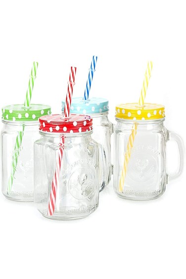 bizwiz Glass Mason Jar, Lid and Reusable Straw - 400ml, Set of 2, Multicolour