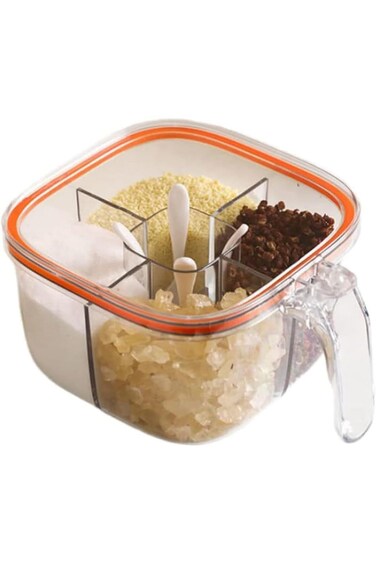 Tazweeq Clear Seasoning Box, 4 Compartments Sealed Seasoning Box With Lid, Seasoning Box with Cover