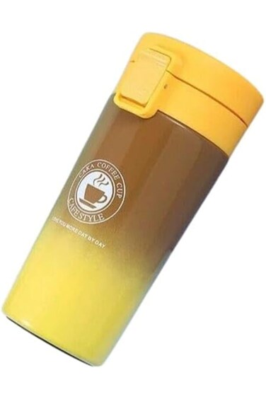 Insulated Coffee Travel Mug with One-Touch Lid, Gradient Yellow and Brown, Coffee Style Logo