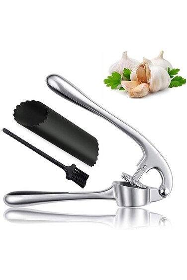 ORiTi Garlic Press with Silicone Peeler &amp; Brush, Ginger Crusher with Good Grip, Premium Garlic Minc