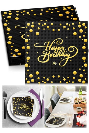 60 Pcs Metallic Happy Birthday Napkins - Foiled Glitter Cocktail Serviettes for Party Decorations &amp;