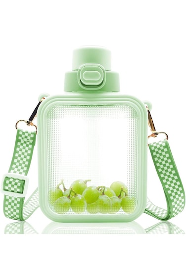 TRASSLE Kawaii Water Bottle, Cute Square Water Bottles with Straw and Adjustable Strap, Women Sport