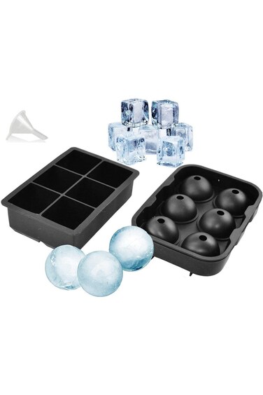 SHOWAY Ice Cube Trays 2 Set + Funnel Silicone Molds - Sphere Ice Ball Maker and Large Frozen Square