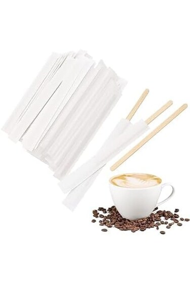 Wooden Coffee Stirrers, Pack of 200 Single Wrapped Wooden Sticks, 140mm Long
