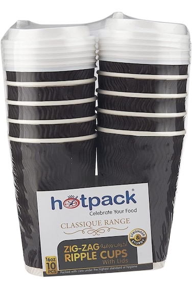 Soft N Cool, Hotpack - 10 Pieces Zig Zag Ripple Paper Cup With Lid 16 Ounce, Brown, Hsmpczzr16C