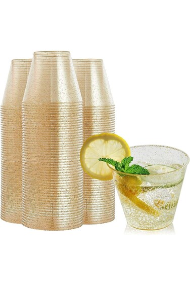 KASTWAVE Gold Glitter Plastic Cups, Clear Plastic Cups Tumblers, Reusable Fancy Disposable Hard Pla