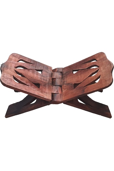 Wooden Holy Quran Book Stand, Foldable Prayer Book Holder, Traditional Carved Design, Walnut Brown
