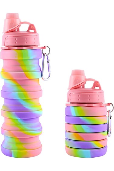 زجاجات مياه قابلة للطي بألوان قوس قزح للأطفال والطلاب والبالغين، مصنوعة من السيليكون الخالي من مادة BPA وقابلة لإعادة الاستخدام
