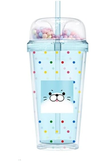 Miniso Animal Faces Collection Double Wall Plastic Cup with Straw, 480 ml Capacity