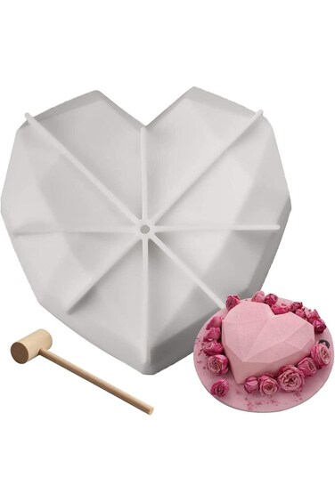 XSparks Diamond Heart Shape Silicone Cake Mold, Heart Geometric Baking Mold, with Mini Wooden Hamme