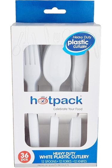 مجموعة أدوات مائدة هوت باك بيضاء شديدة التحمل، 12 ملعقة + 12 شوكة + 12 سكين