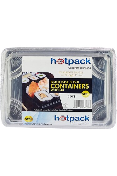 Hotpack Disposable Black Base Sushi Container L 165 x W 114 x H 20 mm Base with Lid, 5 Pieces