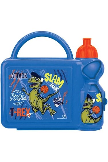 Plastic Dinosaur Printed Design Lunch Box and Water Bottle Set for Kids, Blue
