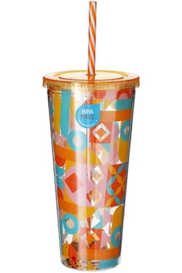 كوب شرب بلاستيكي ملون مع شفاطة مزدوجة الجدار بتصميم هندسي - 660 مل