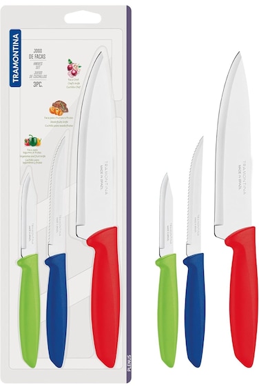 طقم سكاكين ترامونتينا بلينوس، 3 قطع، بشفرة من الفولاذ المقاوم للصدأ ومقبض من البولي بروبيلين متعدد الألوان