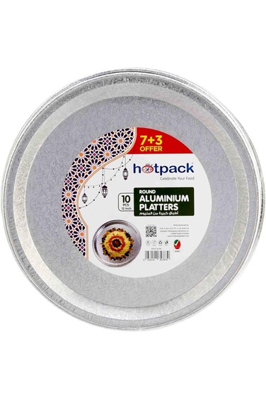 Hotpack Round Aluminium Platters Silver 12 inch, 7+3 Pieces Offer Pack