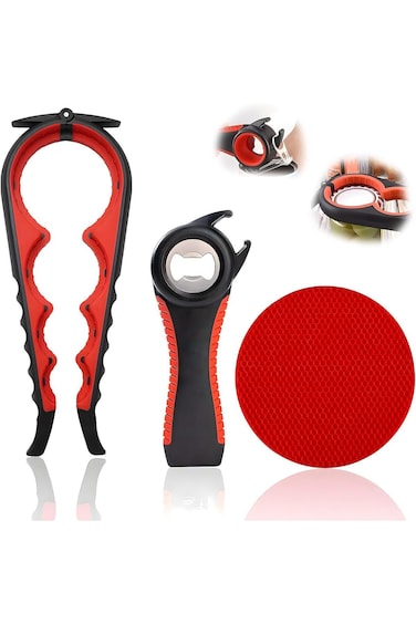 Jar Opener Set - 5 in 1 Multi Function Can Bottle Opener Kit, Non Slip Rubber Jar Opener, with Sili