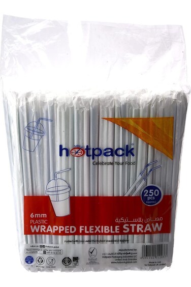 Hotpack Disposable Wrapped Plastic Drinking Straws - 6Mm, 250 Pcs