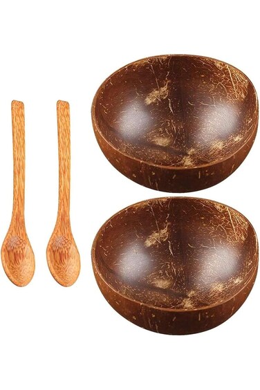 Paporich 2 Sets Coconut Bowl &amp; Wooden Spoons Set, Eco Friendly Kitchen Decor, Acai/Smoothie Bowls S