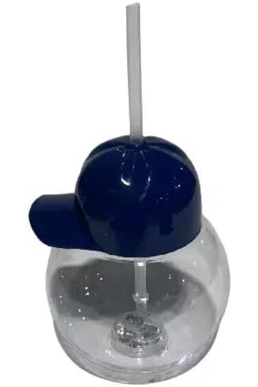 Baseball Cap Tumbler with Straw, Clear Glass Cup, Navy Blue Hat Design, 500ml